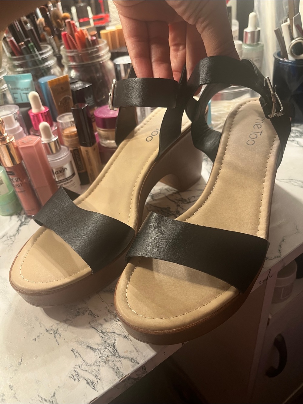 me too Black Platform Wedge Sandals with Ankle Strap